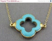 Memorial Day Sale Turquoise Clover Necklace 24k gold edged on Gold Fill chain