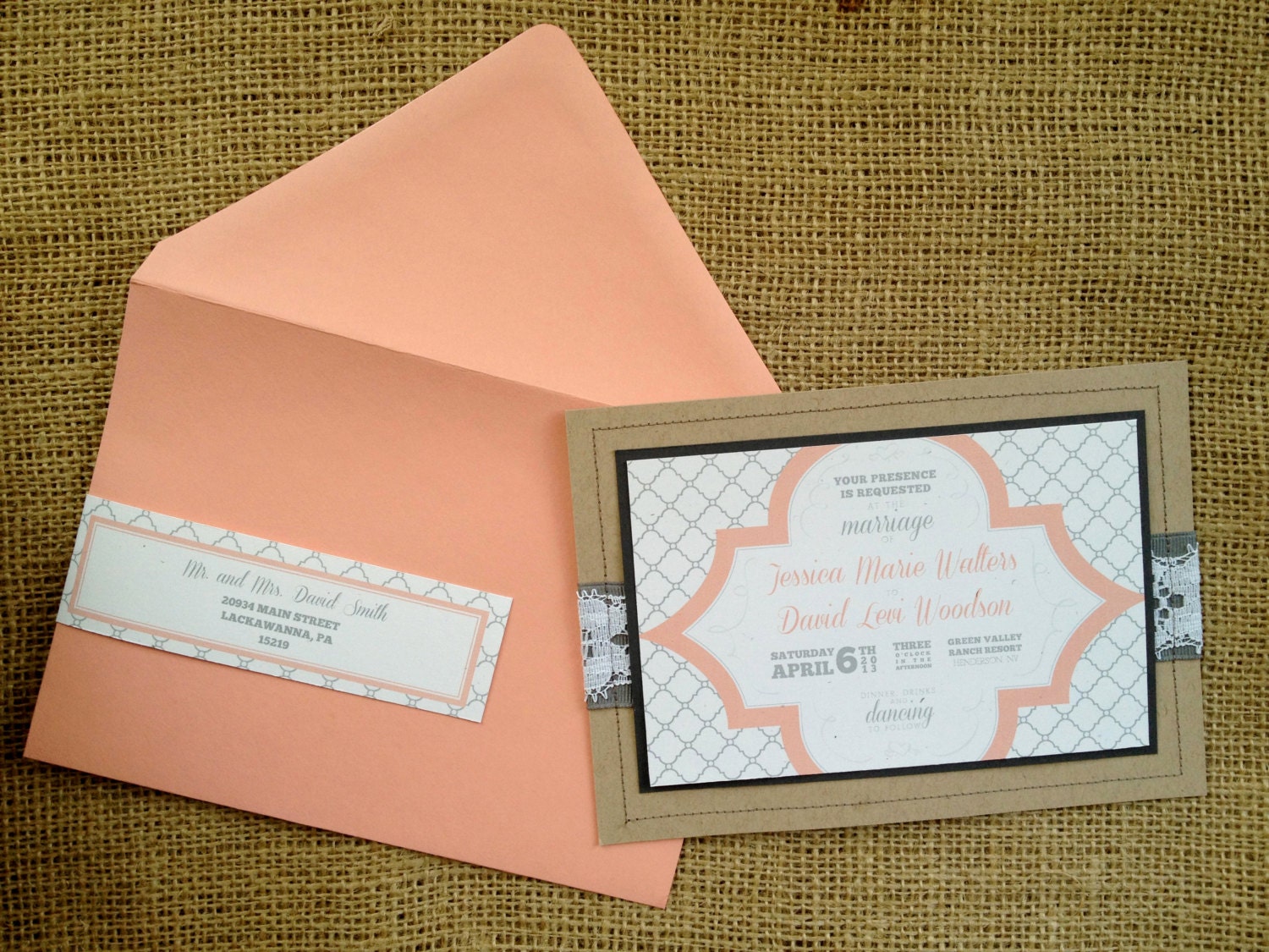 Casablanca Sewn Peach pink blush gray Lace Ribbon Vintage Simple Contemporary Pattern Elegant Wedding Invitation typography, calligraphy