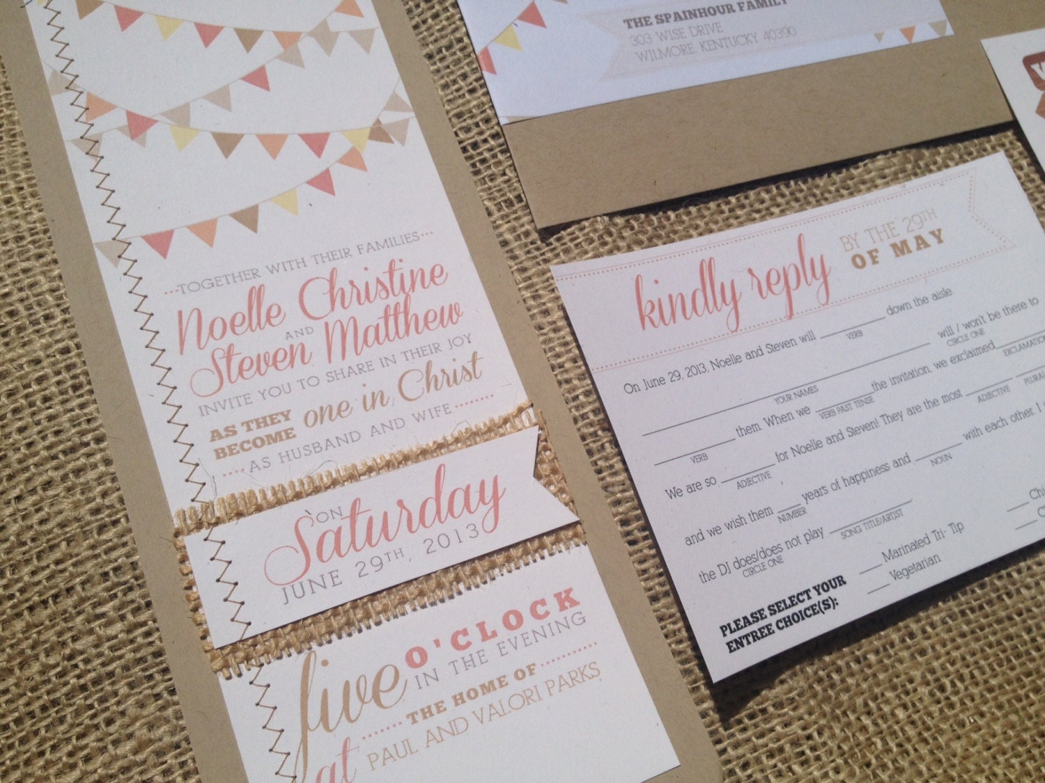 Bunting Calligraphy Wedding Invitation Mad Libs Coral Beige Kraft Burlap Sewn Rustic Woodland Country Shabby Chic Barn Cowboy Button String
