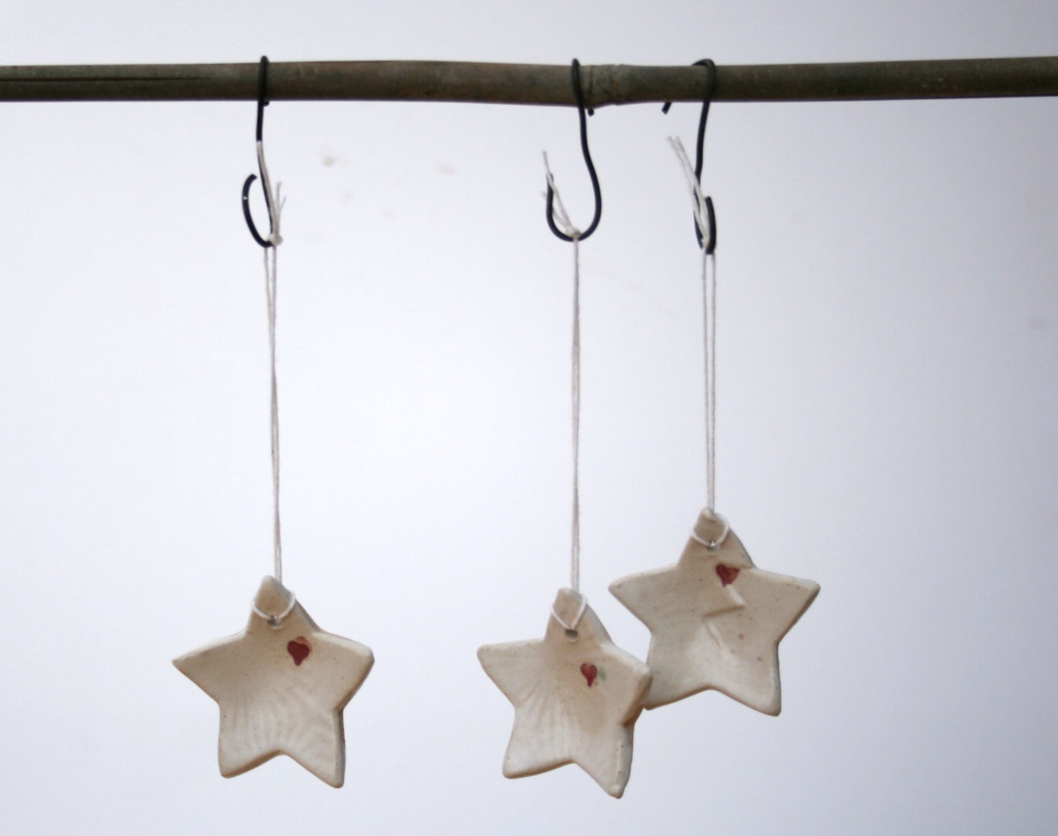 Ornament or Gift Tag Handmade Ceramic Pottery Star with Heart Satin White with Raspberry Pink
