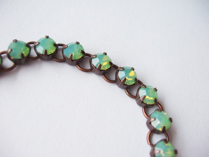 Friendship Bracelet in Green Opal, Tennis Bracelet Vintage in Antique Copper Prong Setting Signed Pastel Color - Made to order