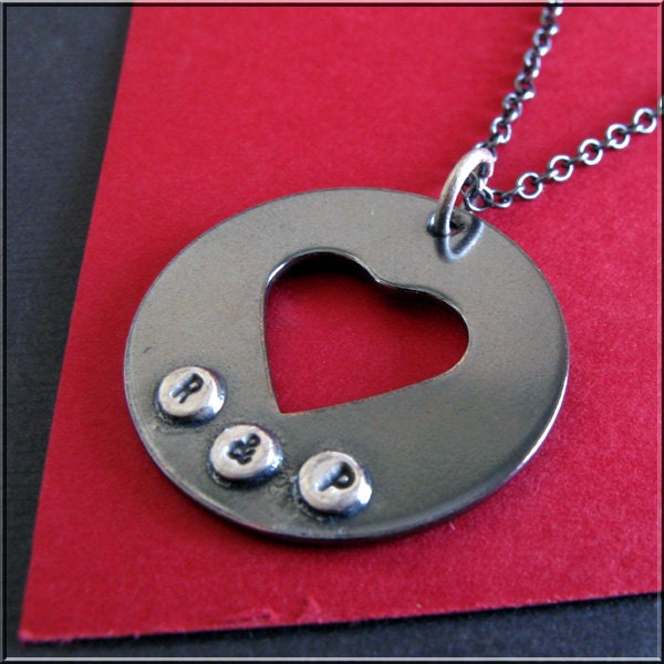 Valentine love custom heart initial necklace.  Rustic oxidized copper and sterling silver.  Personalized letters.  Gift for her.