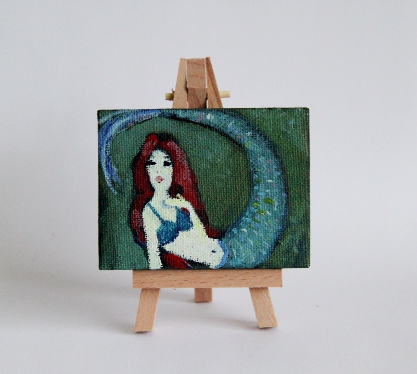 original small acyrlic painting, 'meermaid II', tiny canvas with small wooden easel, 9x6x1 cm, 3,5'' x 2,4' x 0,4''