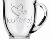 I Love Running Coffee Mug Sand Carved (sand blasted, etched)