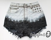 High Waisted Vintage Denim Studded Shorts Black and White Ombre Dyed Jean Cutoffs