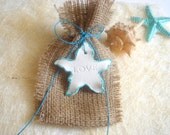 Sea Wedding Favor Bags,Burlap favor bags with clay  tag,Rustic  Pockets