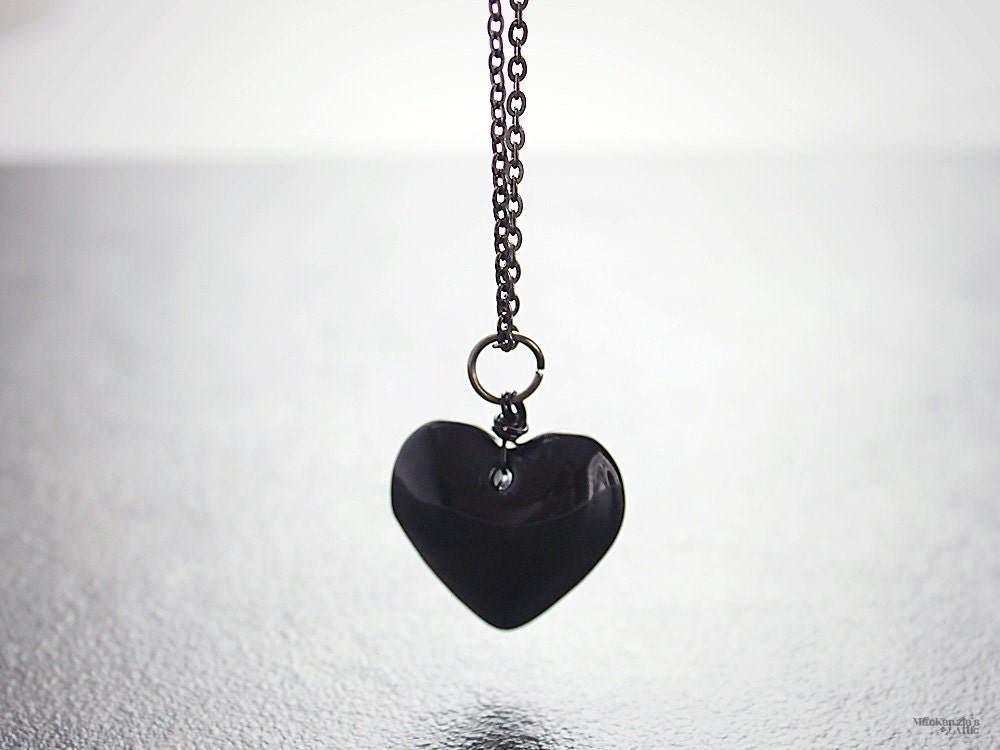 Black heart necklace, wire wrapped glass pendant anti valentine's day gifts for her under 20 - Hardest of Hearts