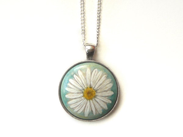 Chic Necklace Daisy Pendant, White Flower, Hand Painted Wood Necklace, Charm, Floral Jewelry, Handmade Craft