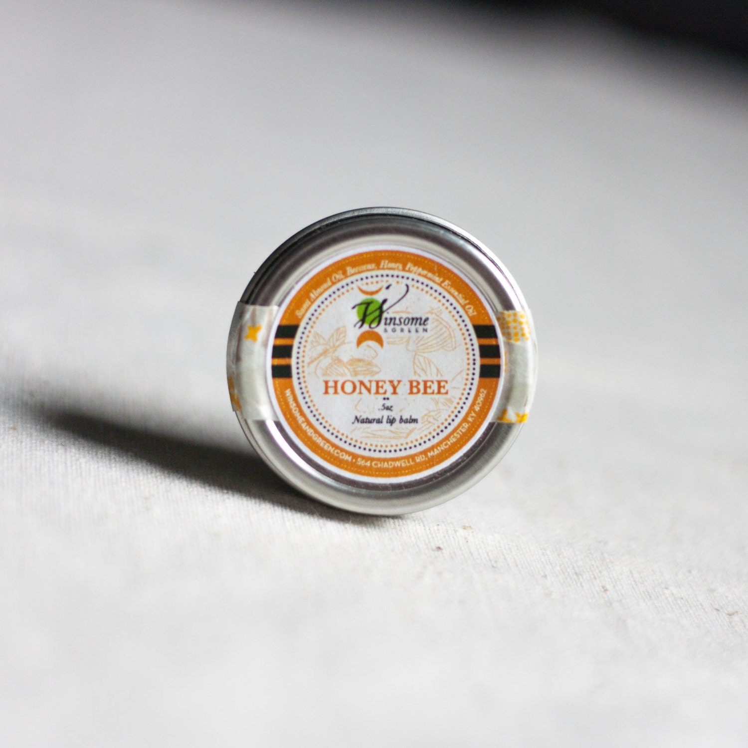 Natural Lip Balm Tin - Honey and Cooling Peppermint - Honey Bee / geometric eco friendly orange yellow