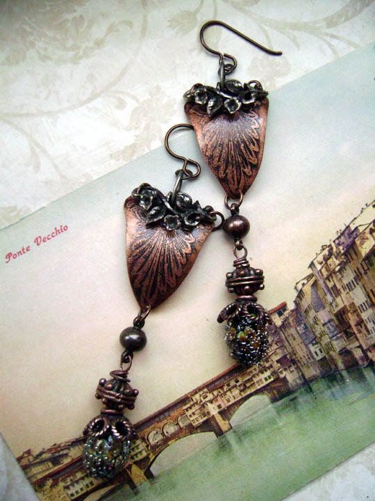 Old And New-Mixed Metal-Dangle-Etched Copper-Vintage upcycled Jewelry-black raku lampwork bead assemblage earrings by Anvil Artifacts