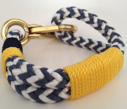 Blue & White Nautical Rope Bracelet with Gold wrap and Gold and Navy Stripe - Bronze Clasp