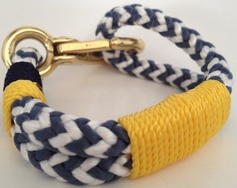 Blue & White Nautical Rope Bracelet with Gold wrap and Gold and Navy Stripe - Bronze Clasp