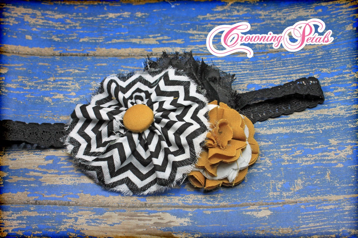 Mustard, Black, White Headband, Hair Accessories, Gold, Girl's Flower Hair Accessory, Chevron Print Fabric Flower Brooch, Baby Hair Bow