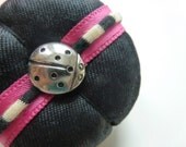 Fibre Brooch - Fabric Flower in Black and Pink with Silver Ladybug