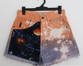 Vintage High Waisted Ombre Orange Blue Splatter Bleach GALAXY Cut Off Shorts with Studded Stars, Space Odyssey Collection, XS