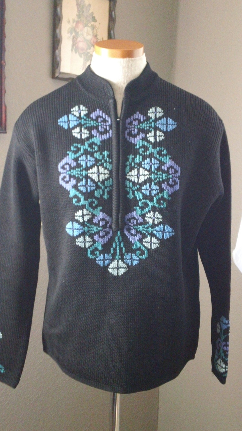 60s Black with Teal Purple Paisly Embellishment Ski Sweater