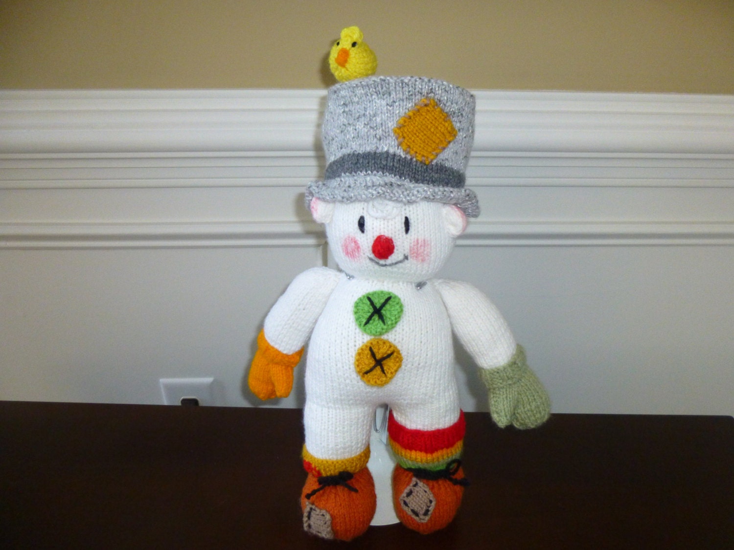 Mr Snowman - Clown - Hand Knit Soft Plush Toy - Doll with Stand