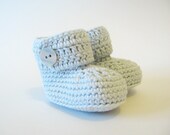 Blue Baby Booties MADE to ORDER Organic Baby Boy Booties, Crochet Ankle Booties, Light Blue Cotton with Mother of Pearl Button, Newborn