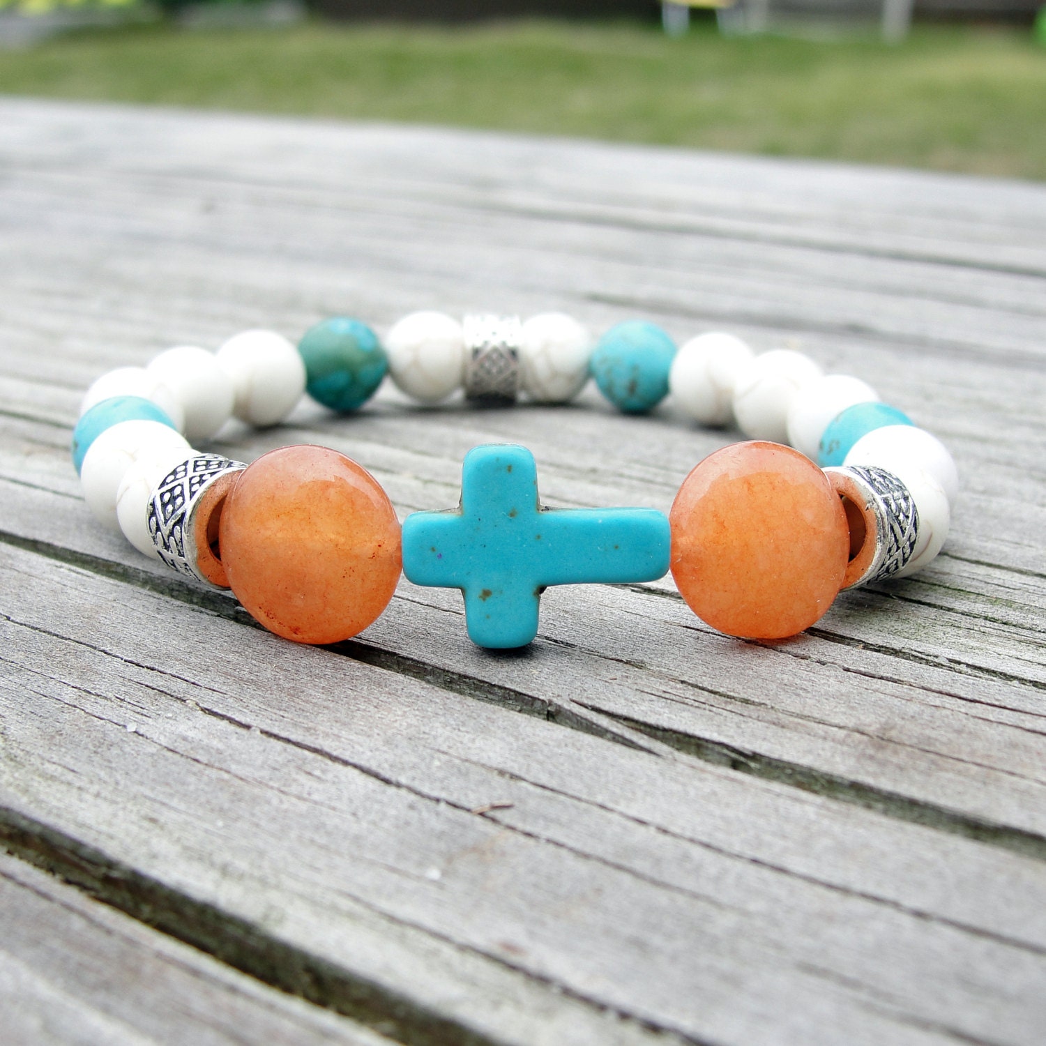 Turquoise Blue, Orange and White Beaded Cross Stretch Bracelet  - Stackable Bead Bracelet - Christian, Teachers, Birthdays, Gifts