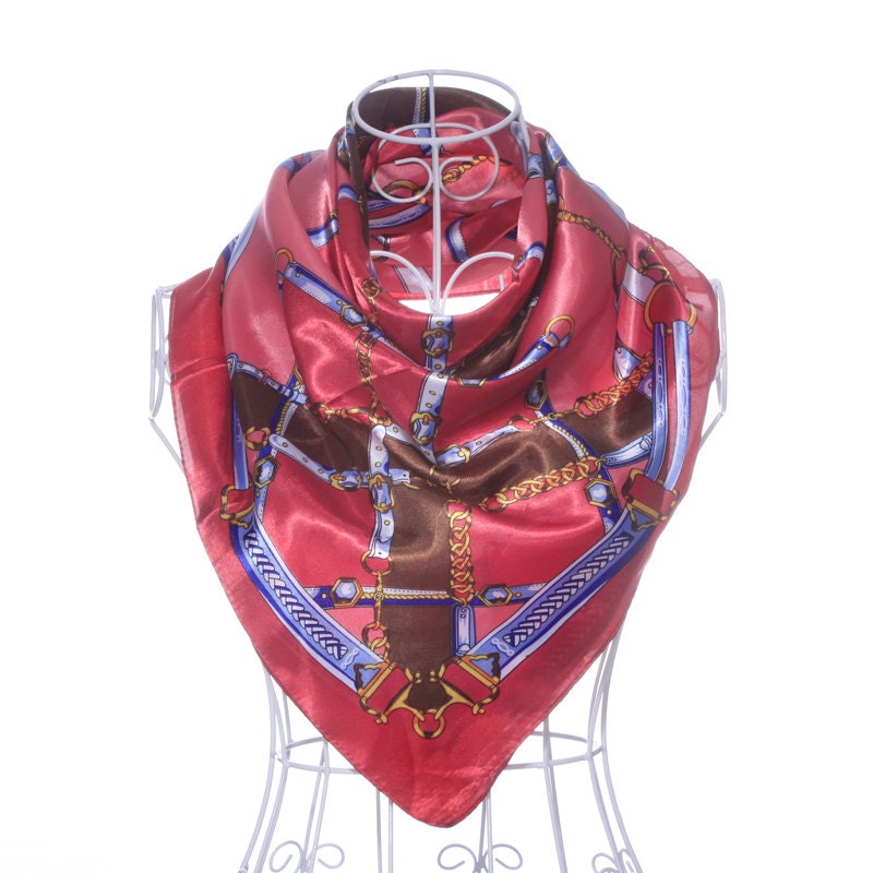 Beautiful Square Faux Silk Scarf- Red, pink, blue, and brown