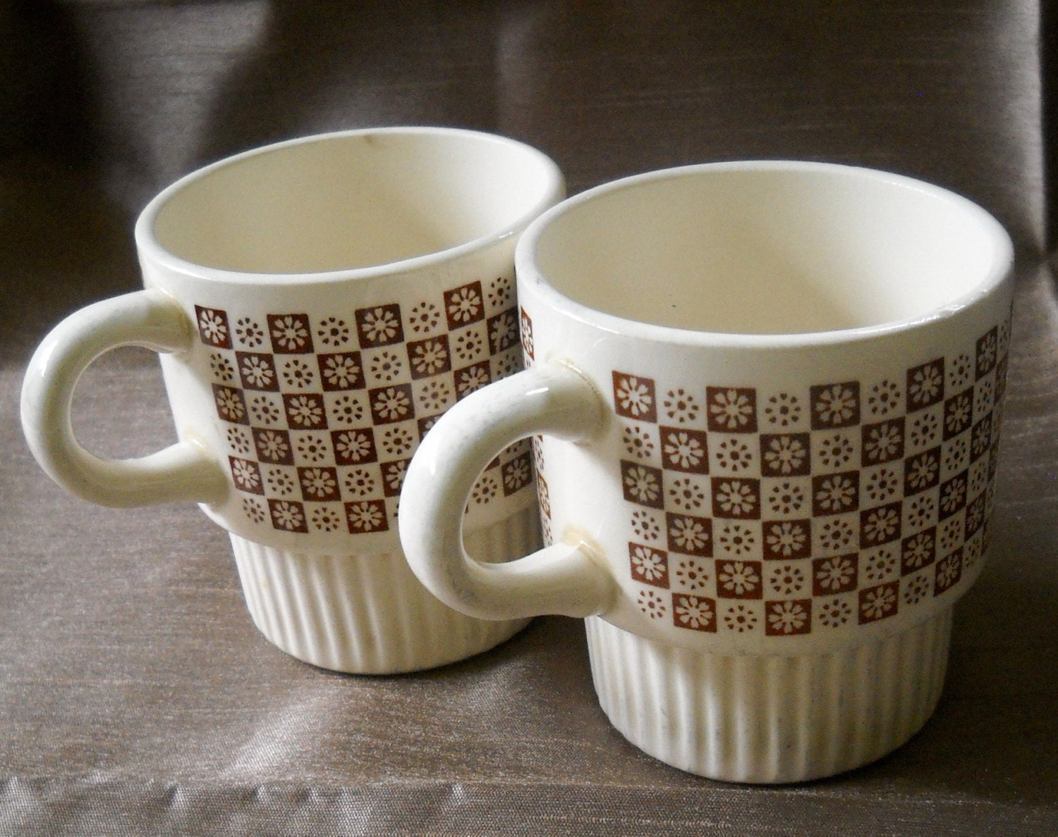Retro Cups, Stackable, Brown and Ivory, Vintage