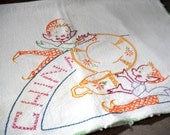 Vintage Embroidered Pixie Towel or Kitchen Decor, "China", Adorable