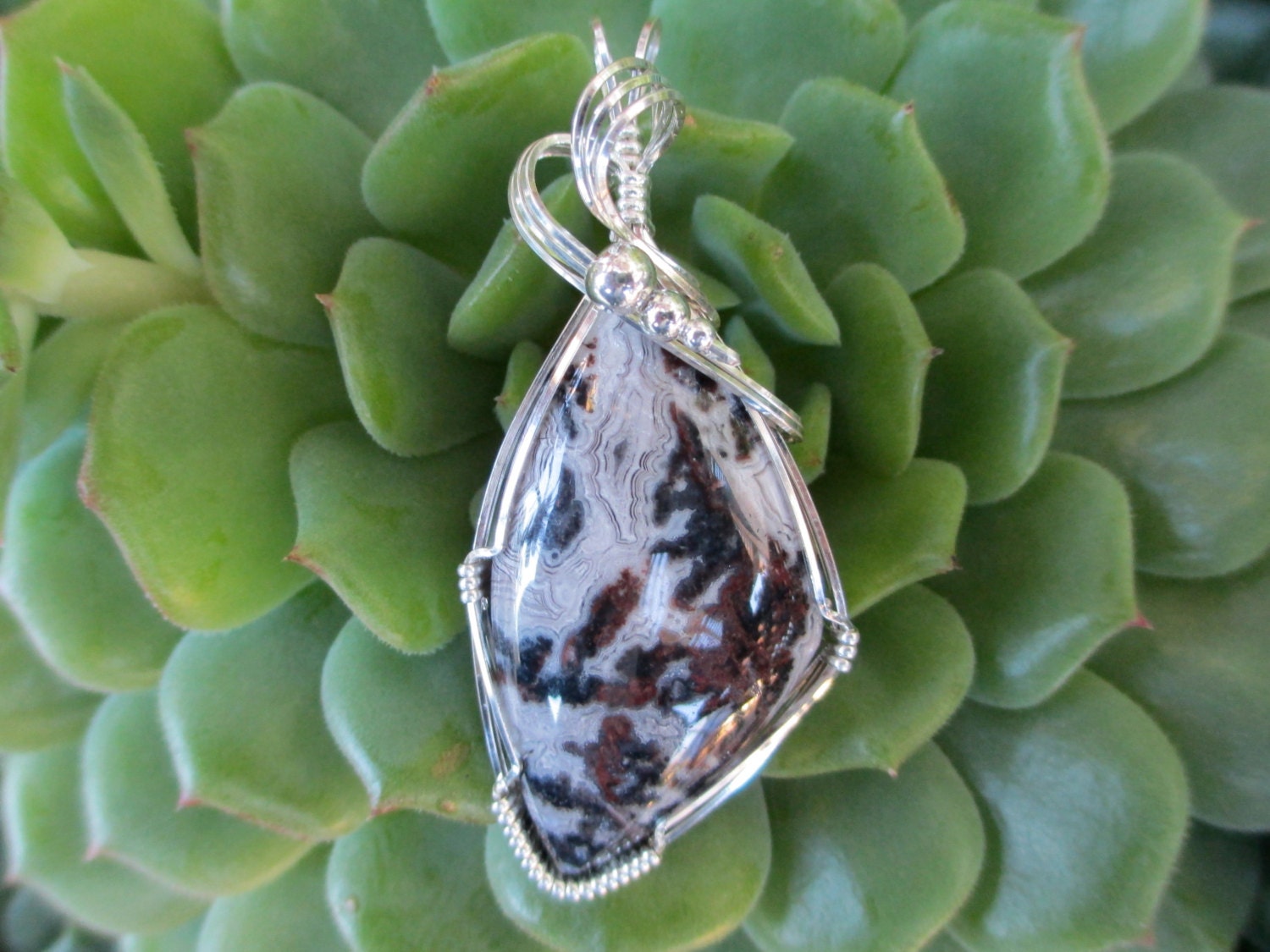 Crazy Lace Agate Stone Sterling Silver Wire Wrapped Pendant