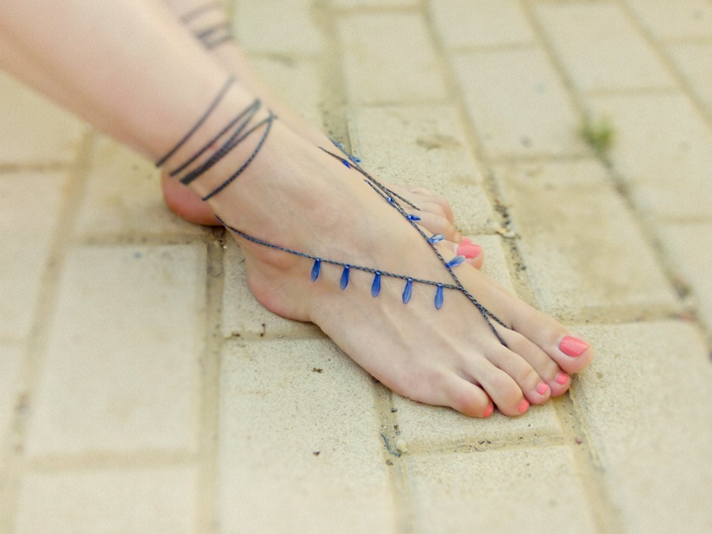 Barefoot sandles Grey dagger blue beaded crochet sexy feet accessories. Gypsy Summer beach bare foot sandals