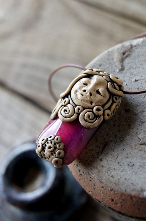 Pink Purple Agate and Polymer Clay Pendant Necklace