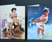 Skinny Dipping Naughty Pin up Girl Overboard Wet Look Dress Mini Blank Cards set of 2 Sink or Swim