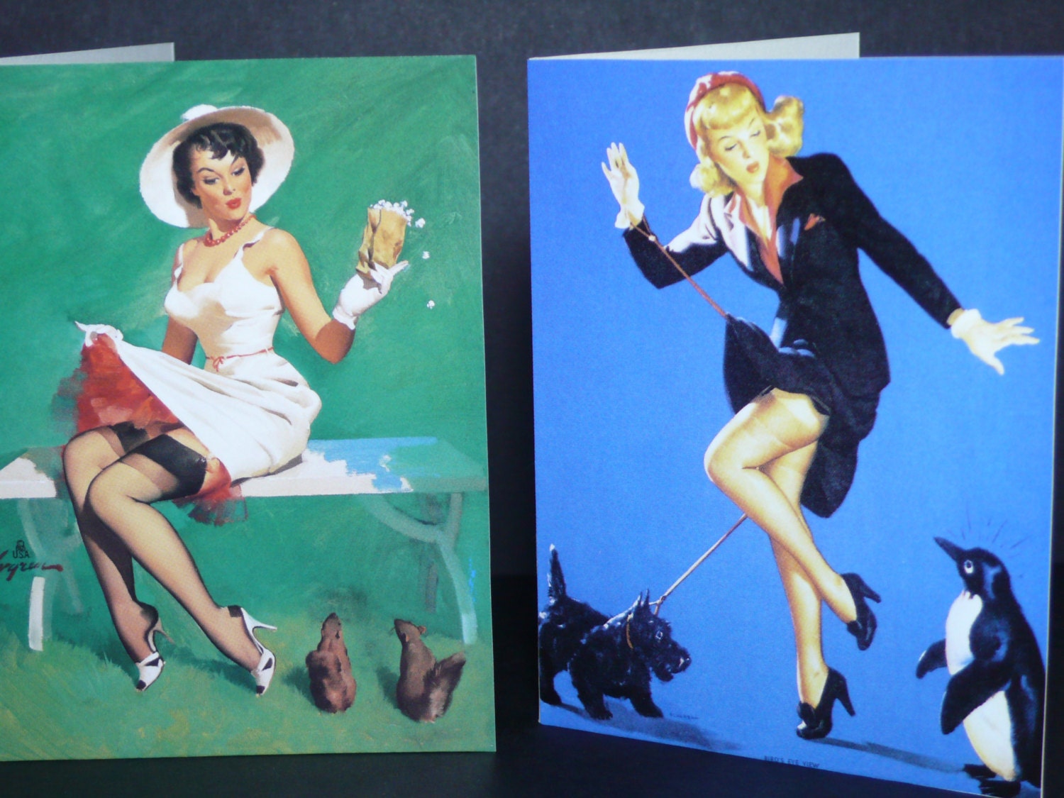 Penguin and PinUp Happy Feet - Pin Up Girl Squirrel Feeder Mini Blank Retro Note Card set of 2