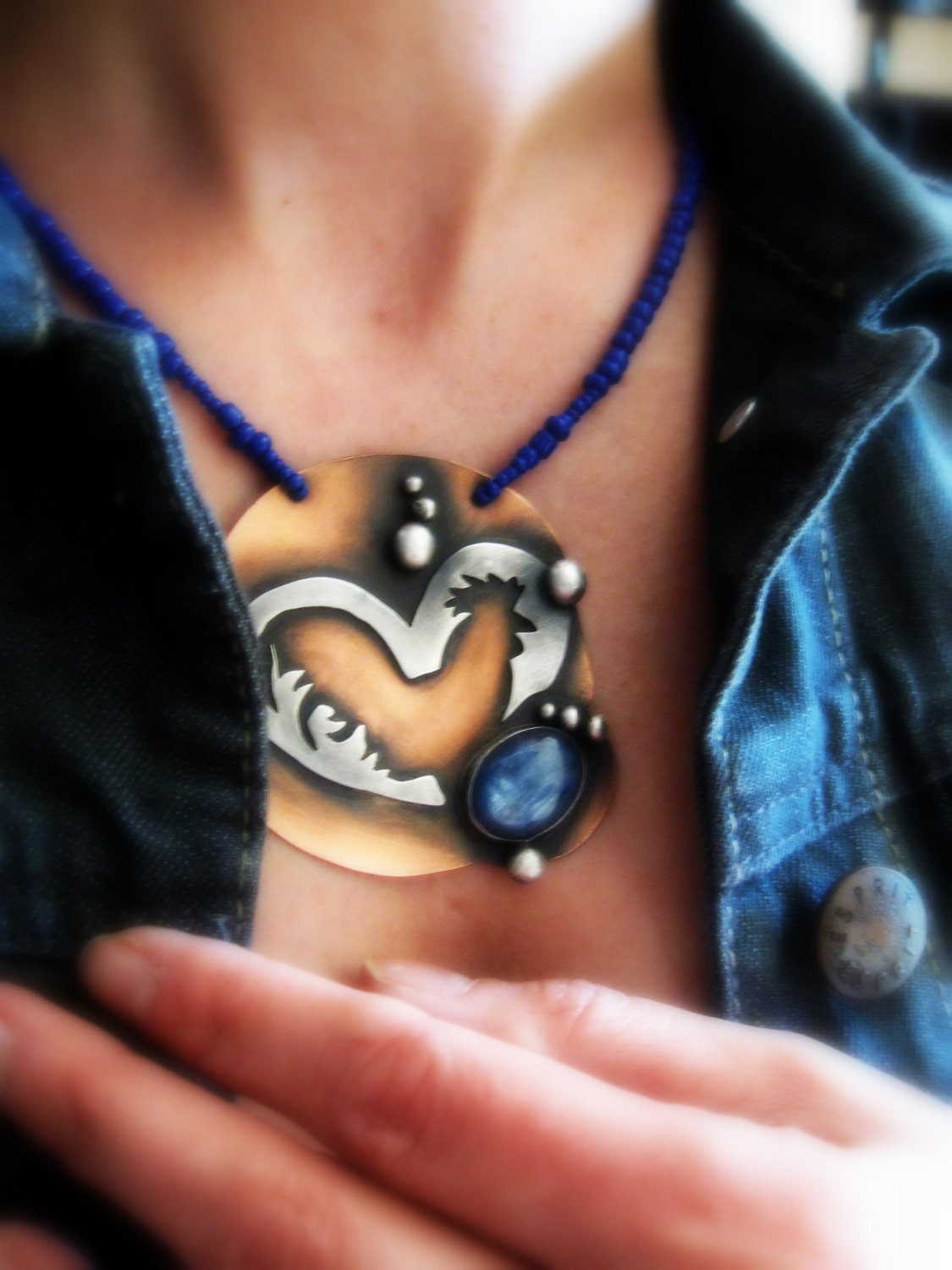 Rooster Necklace Kyanite Blue Gemstone Stone Statement Bib Animal Eco Friendly Sterling Silver Copper Bird Novelty Metalsmith Jewelry
