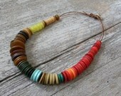 Chunky Asymmetrical 94 Vintage Button Necklace Bold Color Multi Leather Red Torquouise Yellow Wood Funky Large Tribal Jewelry Beaded