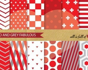 DIGITAL Scrapbooking Paper Pack Red and GREY Geometric Printable Set Fabulous collection backgrounds - instant download