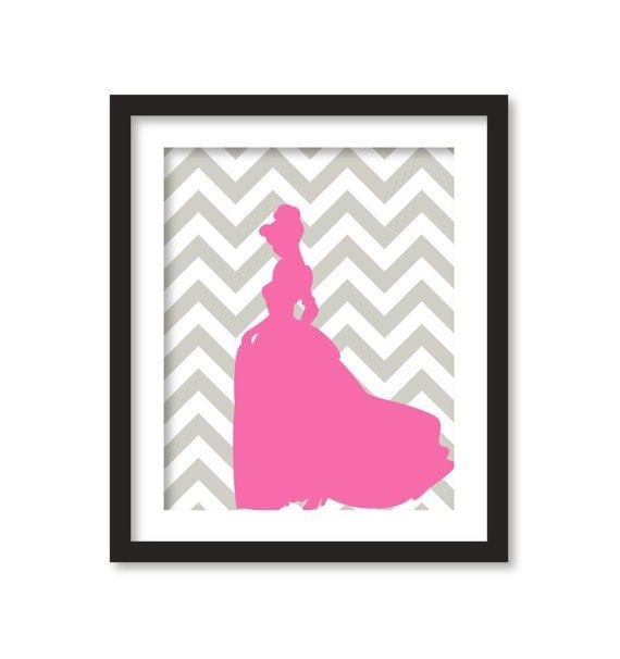 Nursery art - Silhouette of  princess in pink and gray chevron