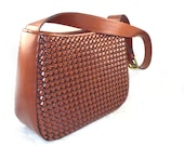 Leather picnic style purse / handbag / woven structured / cocoa brown / thick strap
