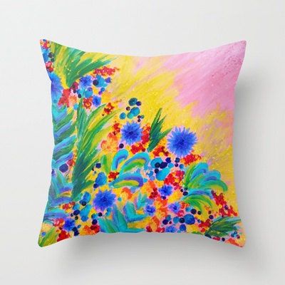 NATURAL ROMANCE in PINK - Original Art Throw Pillow Cover 18 x 18 Floral Garden Sweet Feminine Colorful Rainbow Flowers Painting