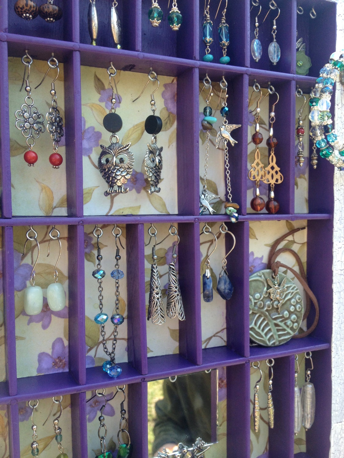Personal Jewelry Display purple with floral paper. Many hooks for additional storage. Earring Holder. Accessory Organizer