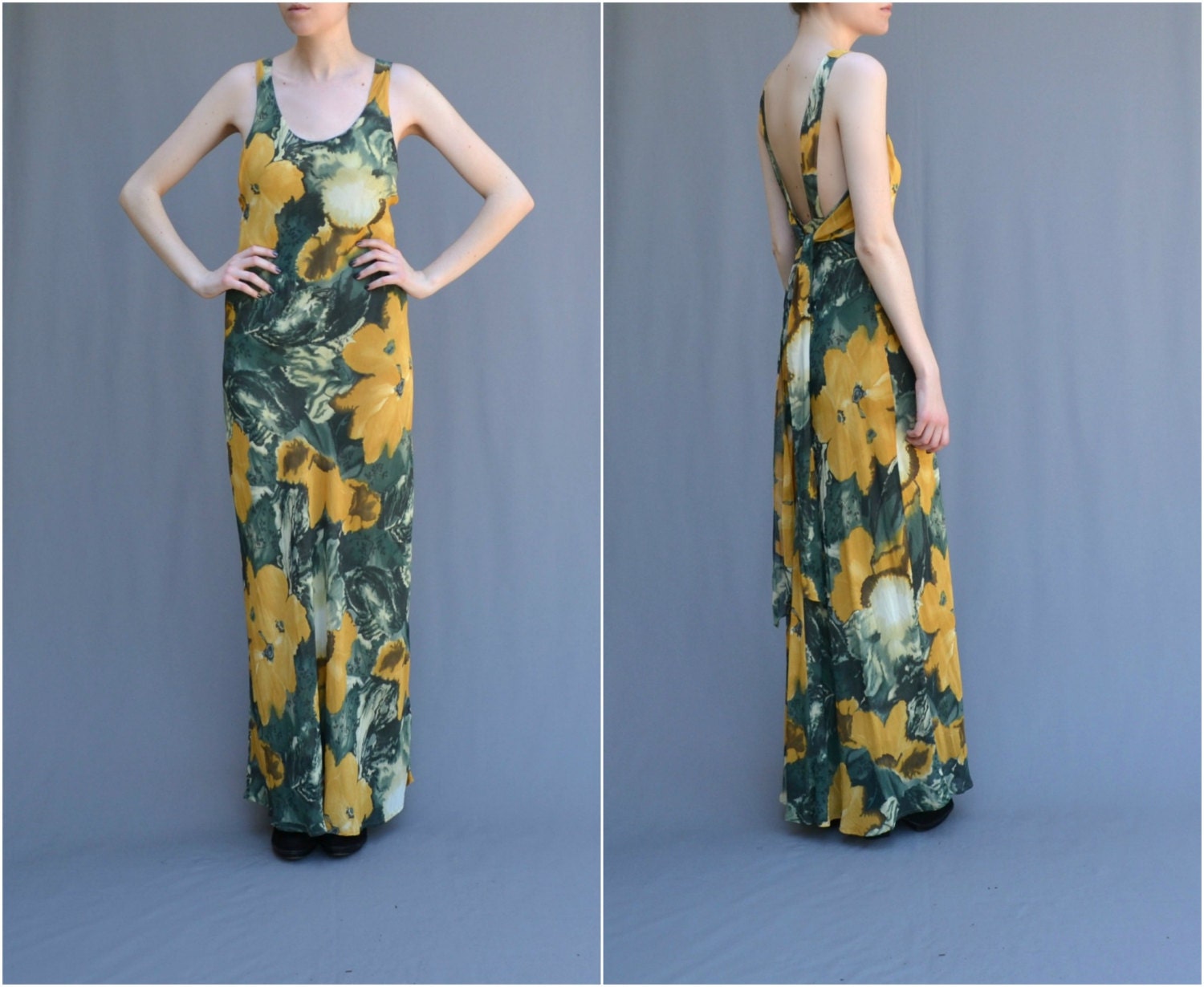 MAE.VALENTE Vintage Floral Maxi Dress Gown / Open Back / Ties in Back