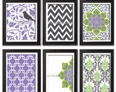 Chartruese Lavendar Grey Digital Wall Art illustration Vintage Modern Inspired -Set of 6 - 8 x 11 Prints - (UNFRAMED)