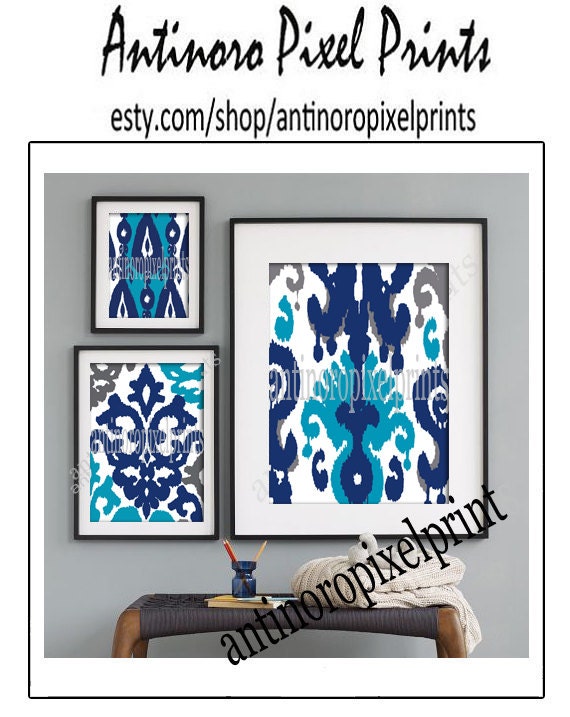 Ikat Collage Turquoise Navy Greys Black Art Wall Gallery Digital Print  -Set of (3) -  Prints -  16x20, 8x10, 5x7, (UNFRAMED)