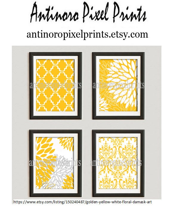 Golden Yellow White Floral Damask Art Print Collection  -Set of (4) - 8x10 Prints - Custom Colors, Sizes Available (UNFRAMED)