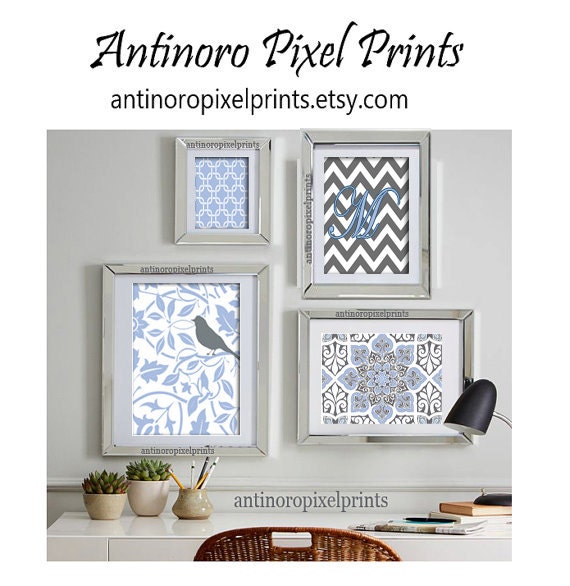 Blue, Grey Damask Art Wall Gallery Digital Print Vintage / Modern Inspired -Set of (4) -  Prints -  11x14, 8x10, 5x7, 4x6 (UNFRAMED)
