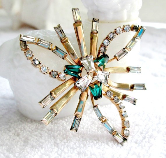 Phyllis Brooch Pendant Emerald Green Rhinestones 12K GF Vintage Rare signed Phyllis
