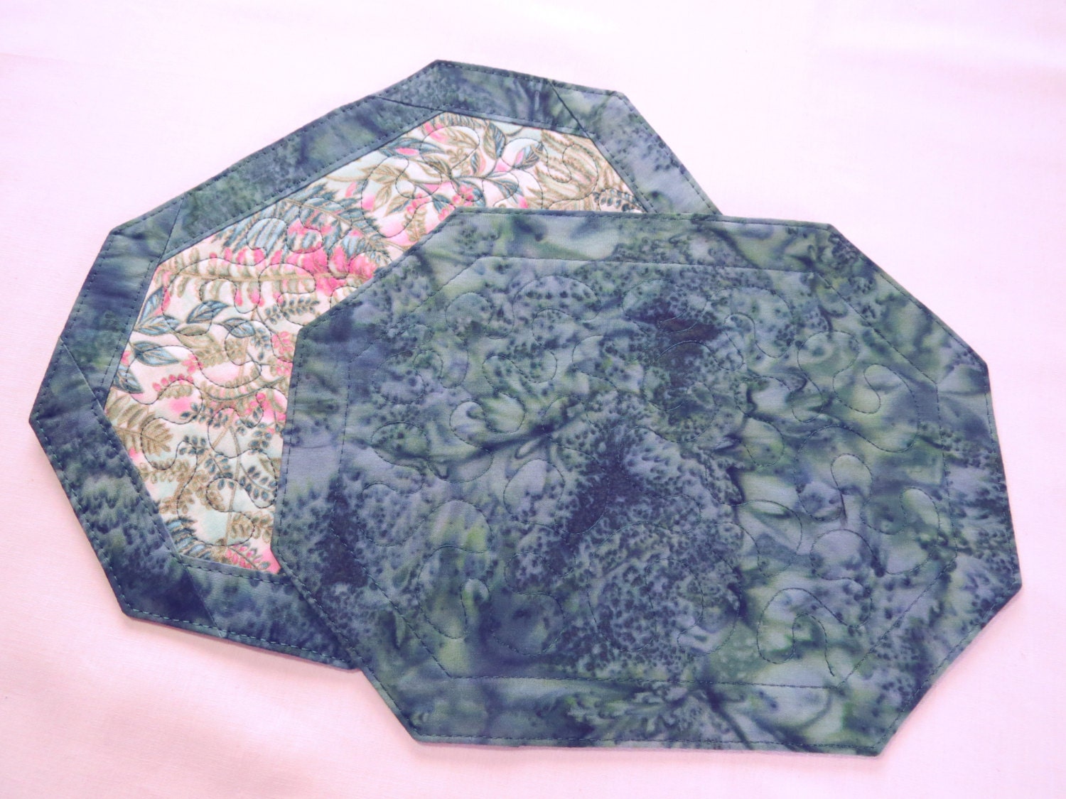 Quilted Snackmat  2 set  - Mug Rug - Ferns Teal and Olive  -  147