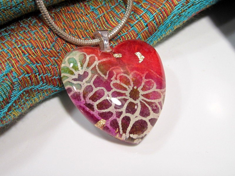 Japanese Yuzen Paper Collage Necklace, Oriental jewelry, Japanese jewellery, paper pendant