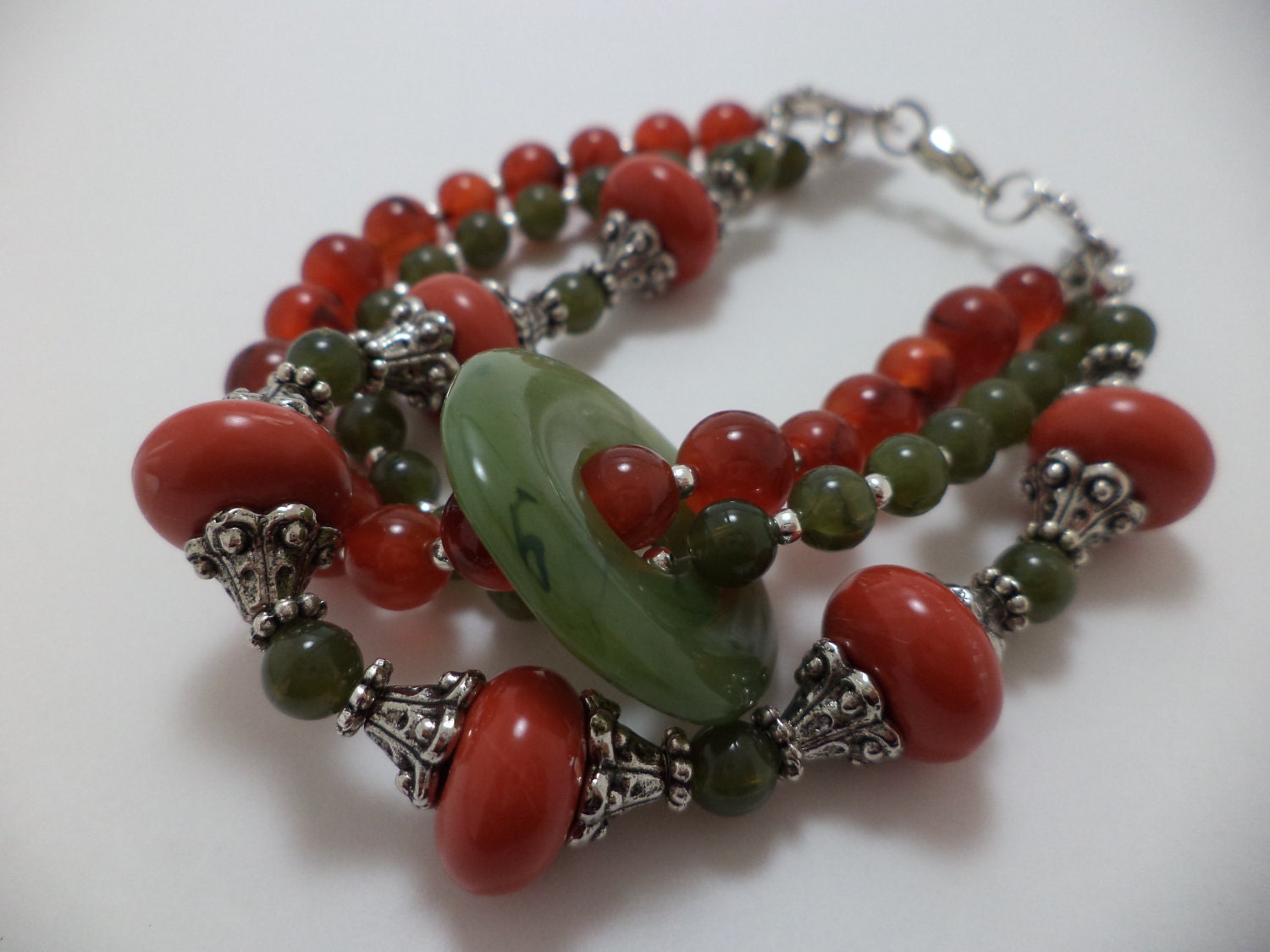 Gorgeous, Green, Orange, Jade, Triple Strand, Three strand, Glass Bead, Bracelet
