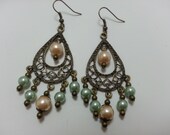 Antique Bronze Pearl Earrings - Chandelier, Dangle, Glass Pearl Beads, Green, Peach, Boho, Victorian