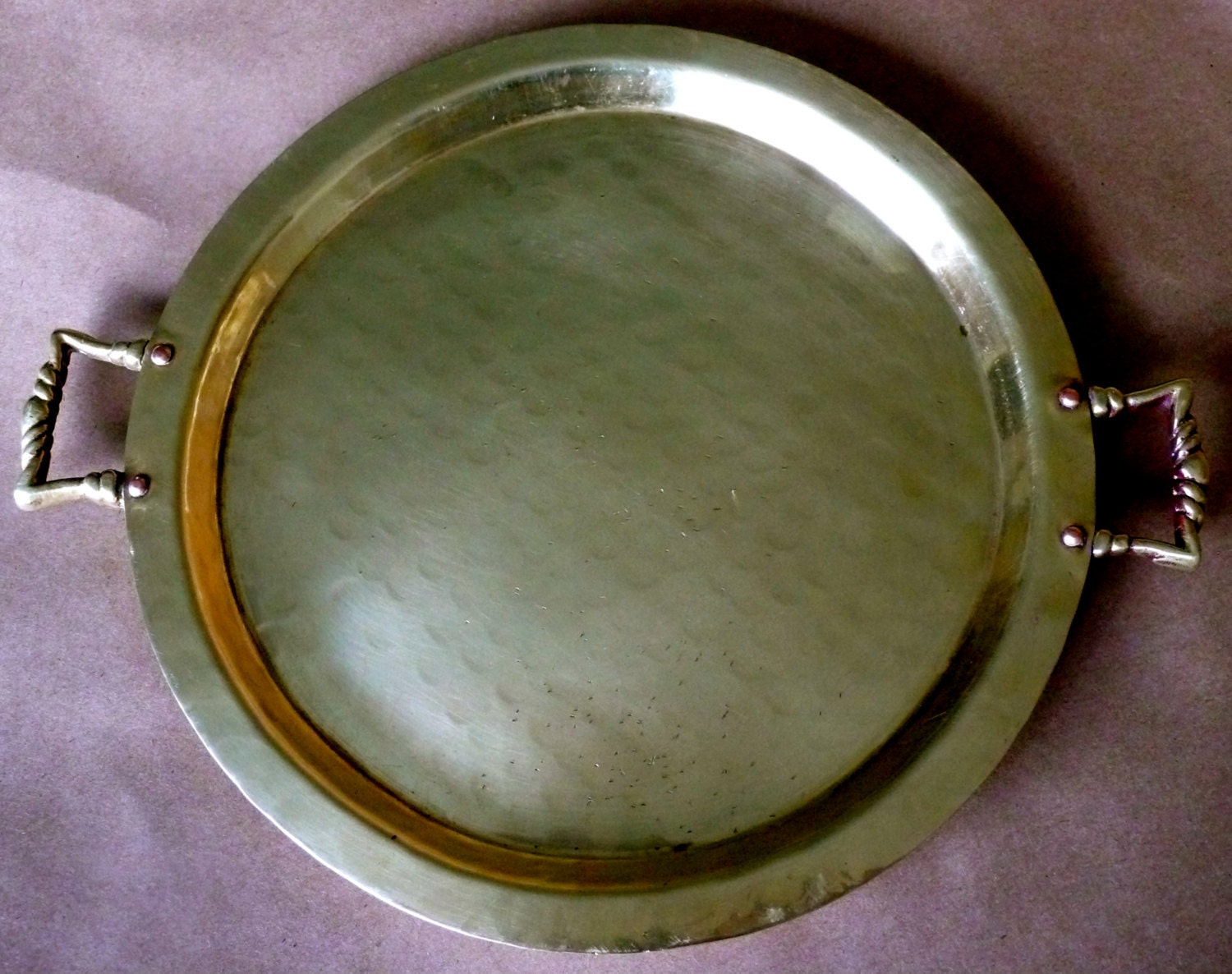 Vintage Hammered Brass Round Tray with Handles and Copper studs