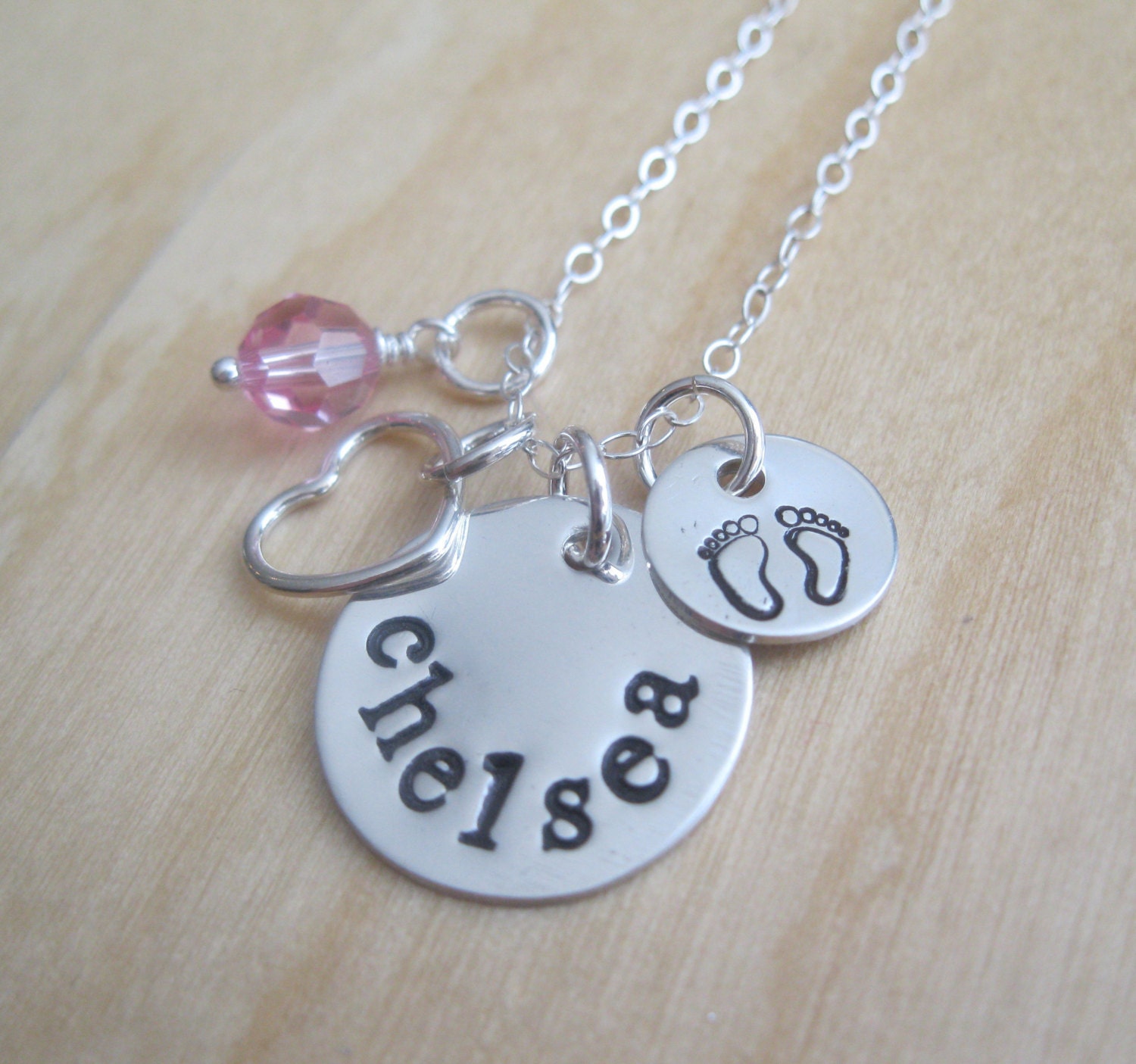 Personalized Mother's Necklace - Baby Footprints with Hand Stamped Name Charm in Sterling Silver - New Mom / New Baby Gift